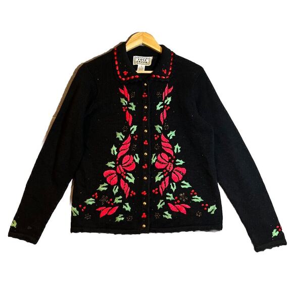 Cove Creek Cardigan Size Small Black Christmas Embroidered Festive Holly Party - Picture 1 of 14